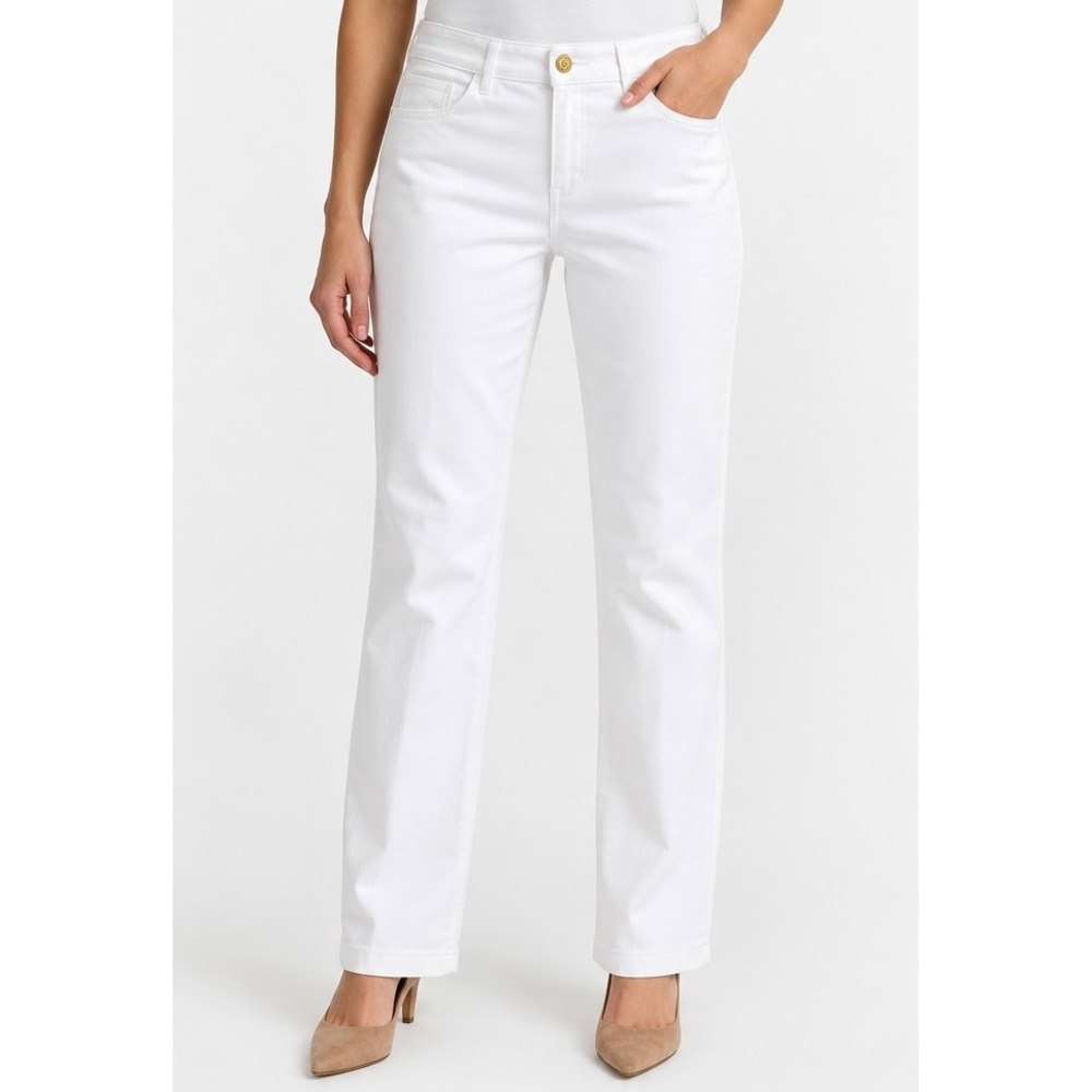 St. John Sport White Straight Leg Stretch Pants Gold Logo Hardware Size 10